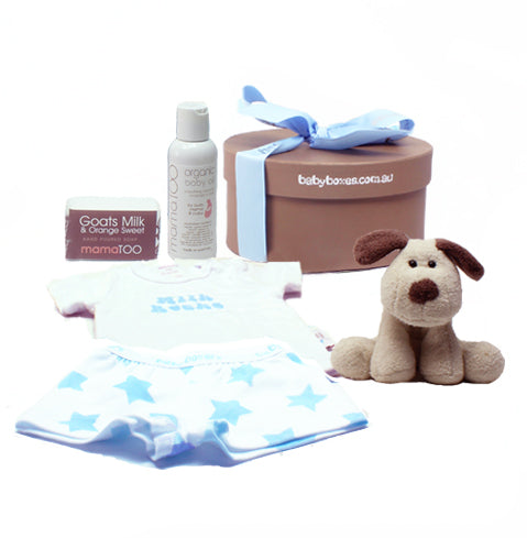 Baby gift box for a baby boy. Included in the gift box is a soft puppy toy for baby, a cute tshirt either plain or with a slogan print and cute little boxershorts with blue stars on them. Mama TOO pampering products are also included for mum too, an organic body massage oil for both new baby and mum and also a Goats Milk soap for mum. This baby gift is beautifully presented in a keepsake round box, tied up with quality ribbon and beautifully presented.