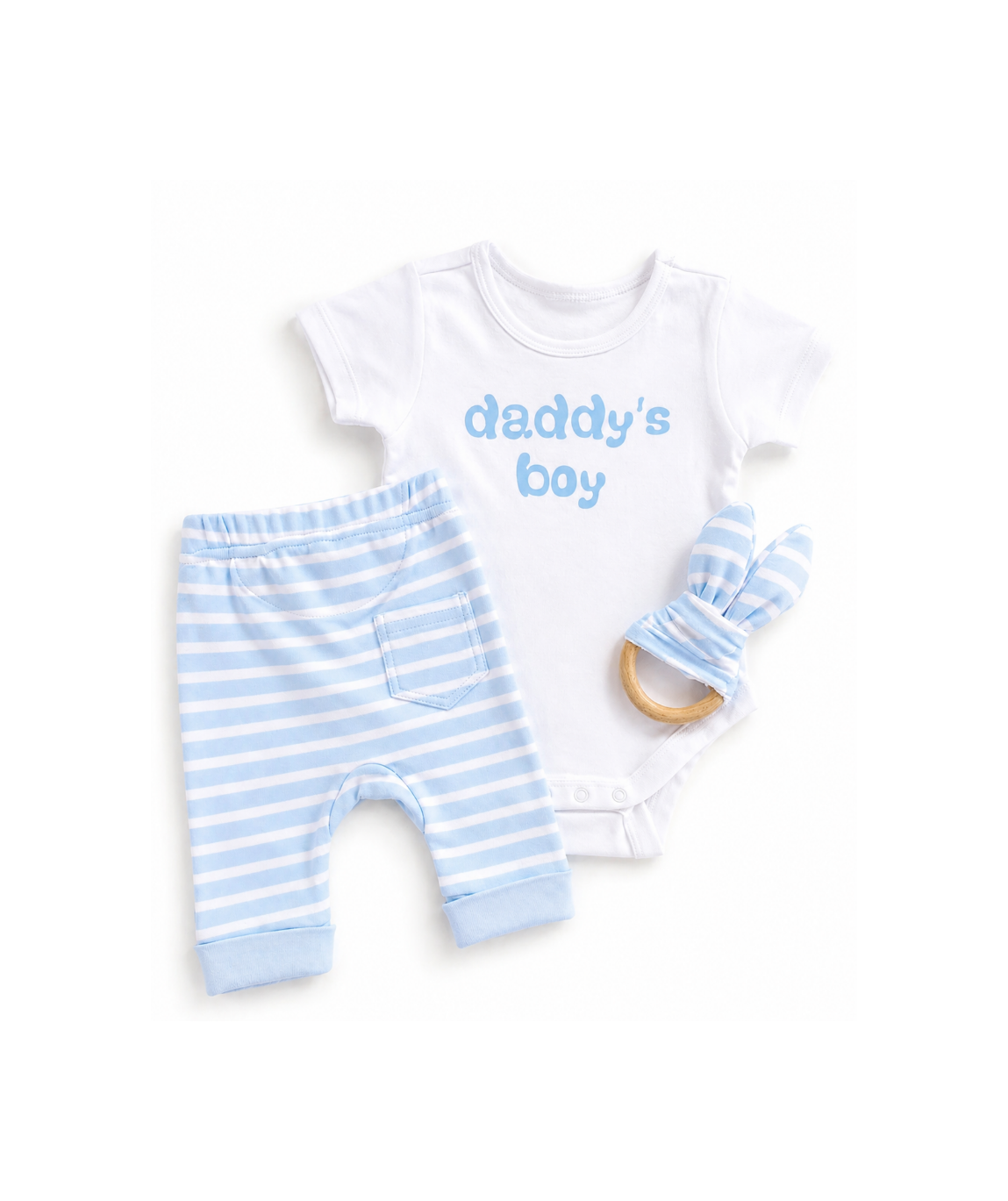 Baby outfit set with 'daddy's boy' shirt, striped pants, and teething ring on a white background
