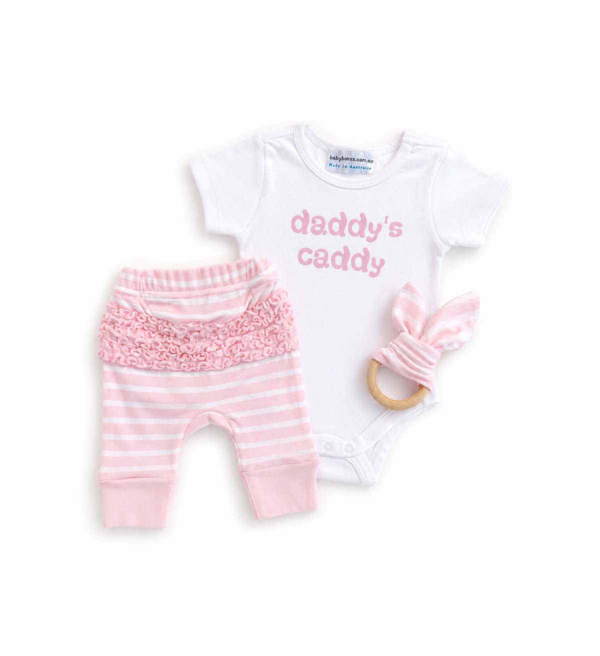 Baby outfit with pink and white striped pants, white onesie with 'daddy's daddy' text, and pink bow headband on a white background.