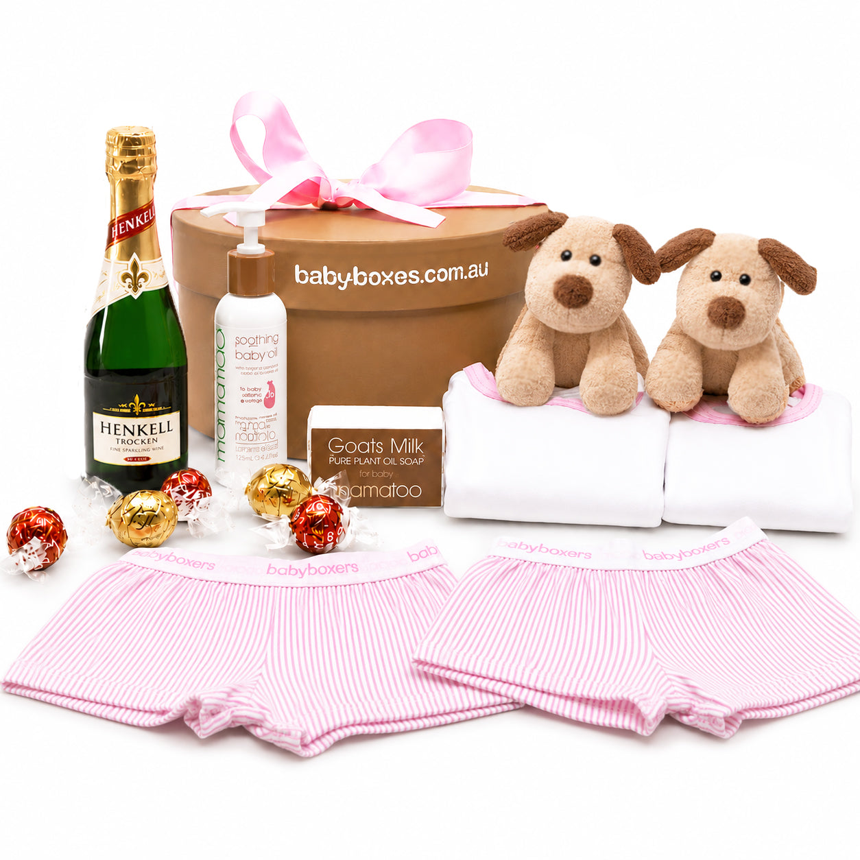 Baby gift box with Henkel product, teddy bears, and other items on a white background