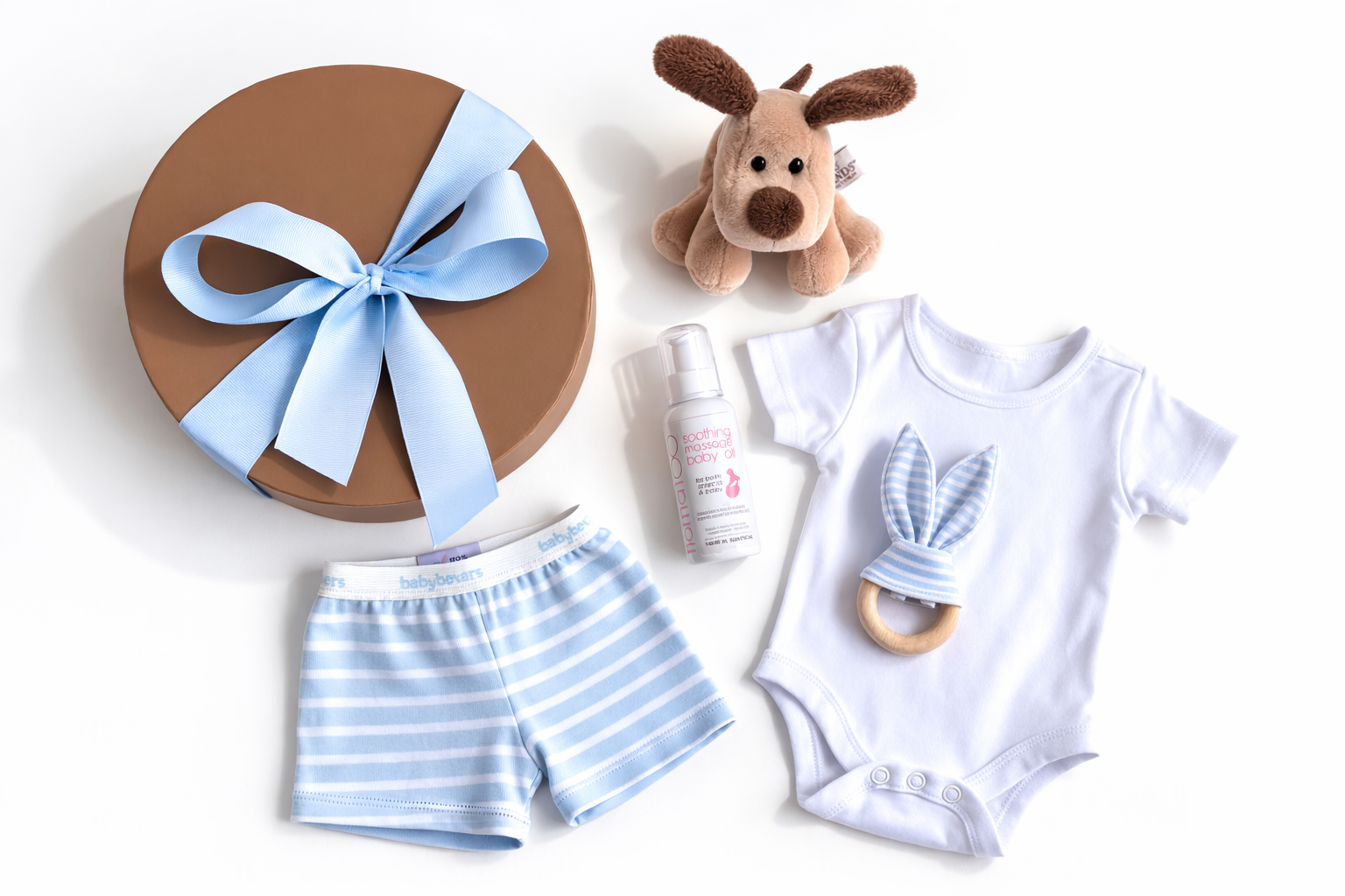 Baby clothing and items including shorts, onesie, and toy on a white background