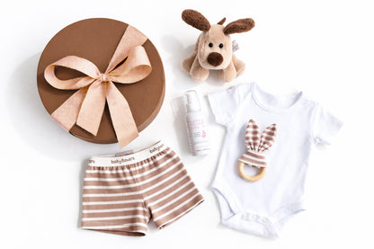 Baby gift set with striped shorts, onesie, plush toy, and bottle on a white background
