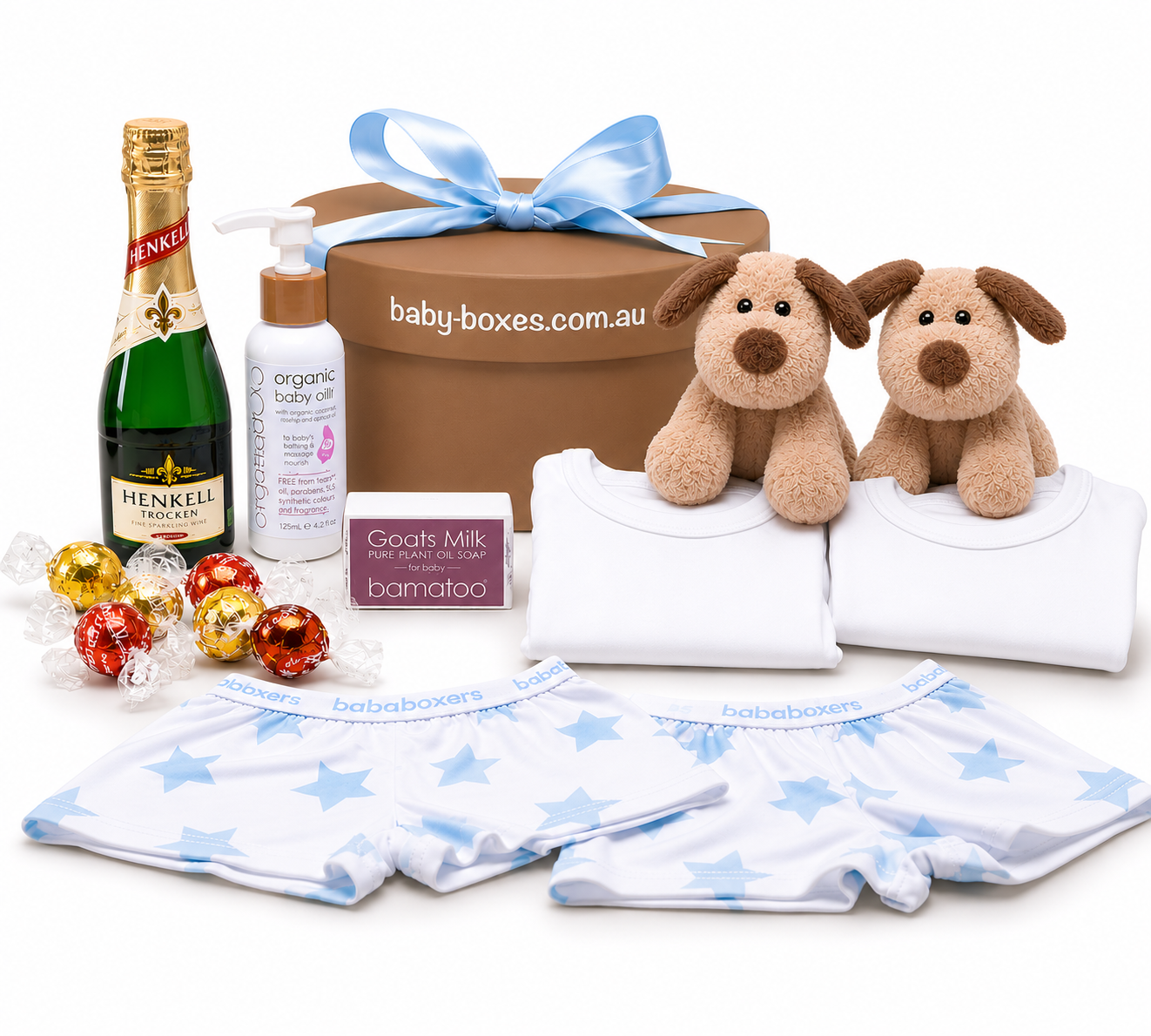 Baby gift set for baby twins, toys, and clothing on a white background, gifts for new mum